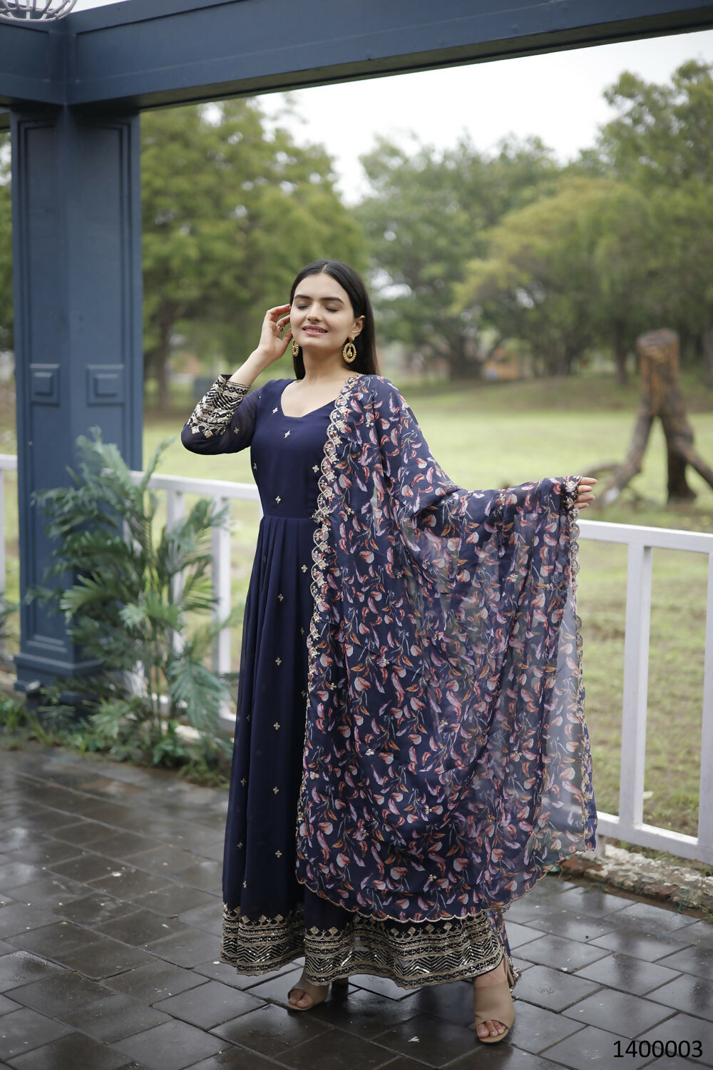 Aayaa Designer Embroidery Zari Sequins-Work Faux Blooming Georgette Suit - Navy Blue | Grocsy