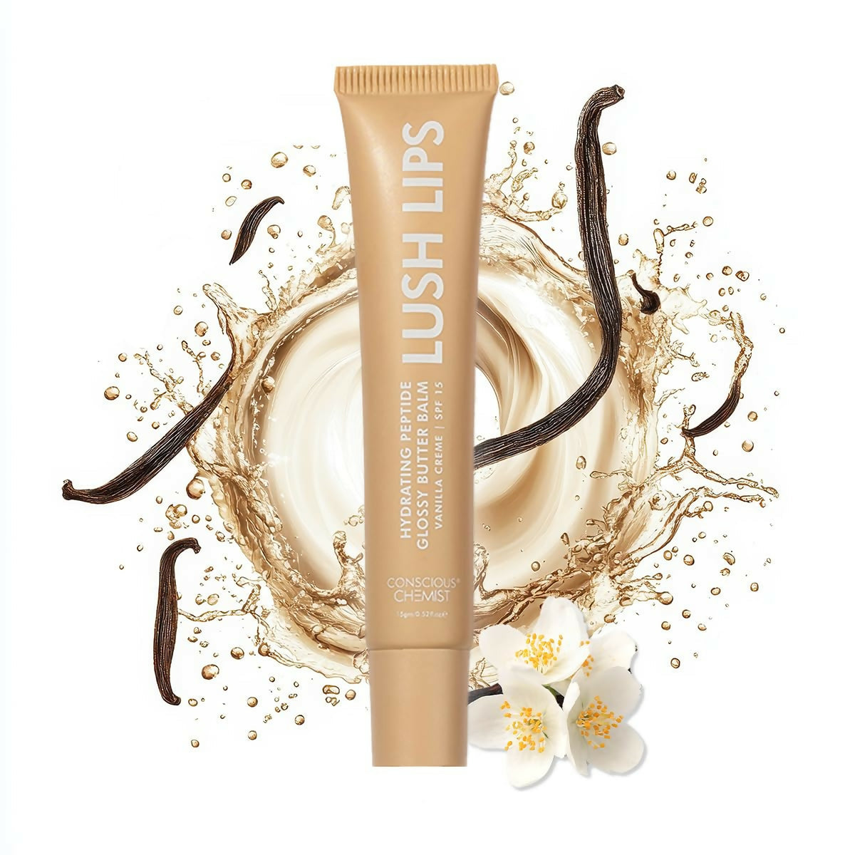 Conscious Chemist Peptide Lip Balm, Lush Lips with SPF15 - Vanilla Creme | Grocsy