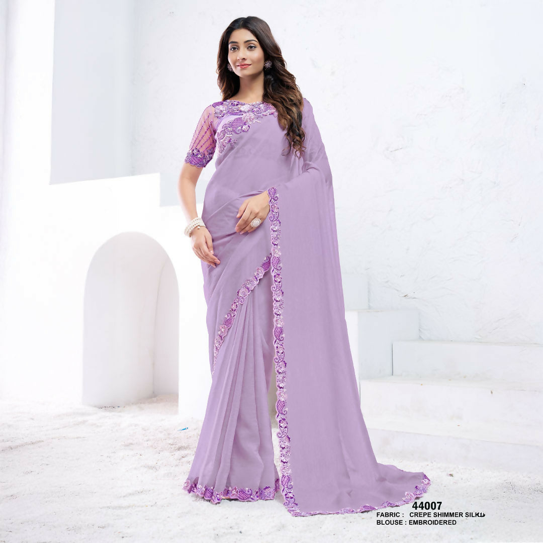 Lavendar Crepe Shimmer Silk Moti With Hand Work Saree With Unstitched Blouse - Norita Swaraa | Grocsy