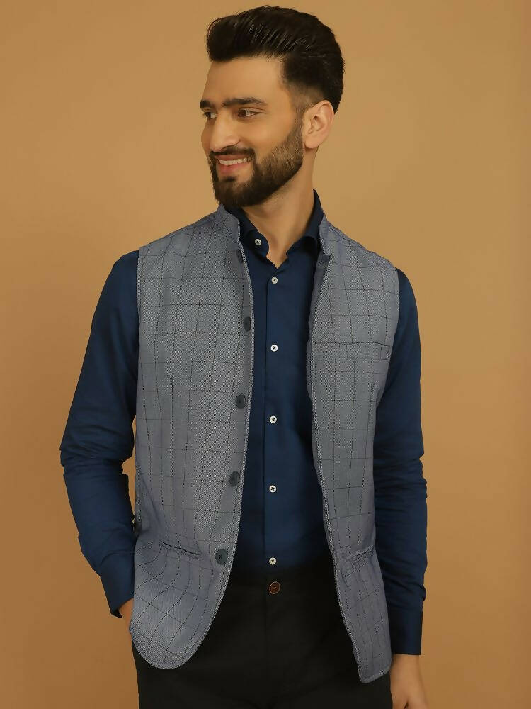 Even Apparels Nehru Jacket With Welt Pockets - Blue | Grocsy