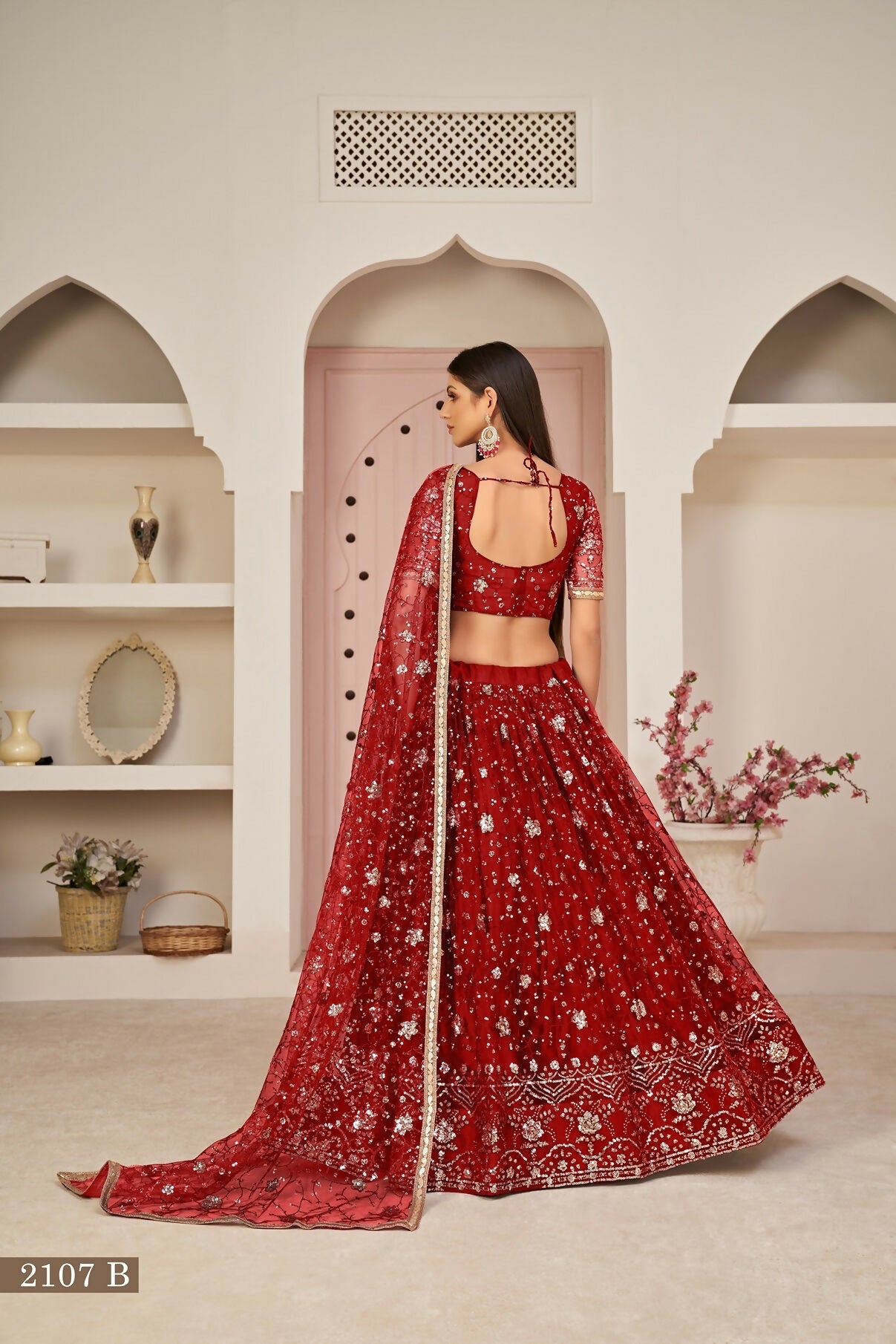 Eilara Women'S Red Butterfly Net Thread With Zari Sandwich Sequence Embroidered Work Lehenga Choli For Wedding | Grocsy