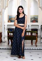 Miravan Women's Blue Abstract Print Crop Top And Side Slit A-Line Skirt Co-Ord Set | Grocsy