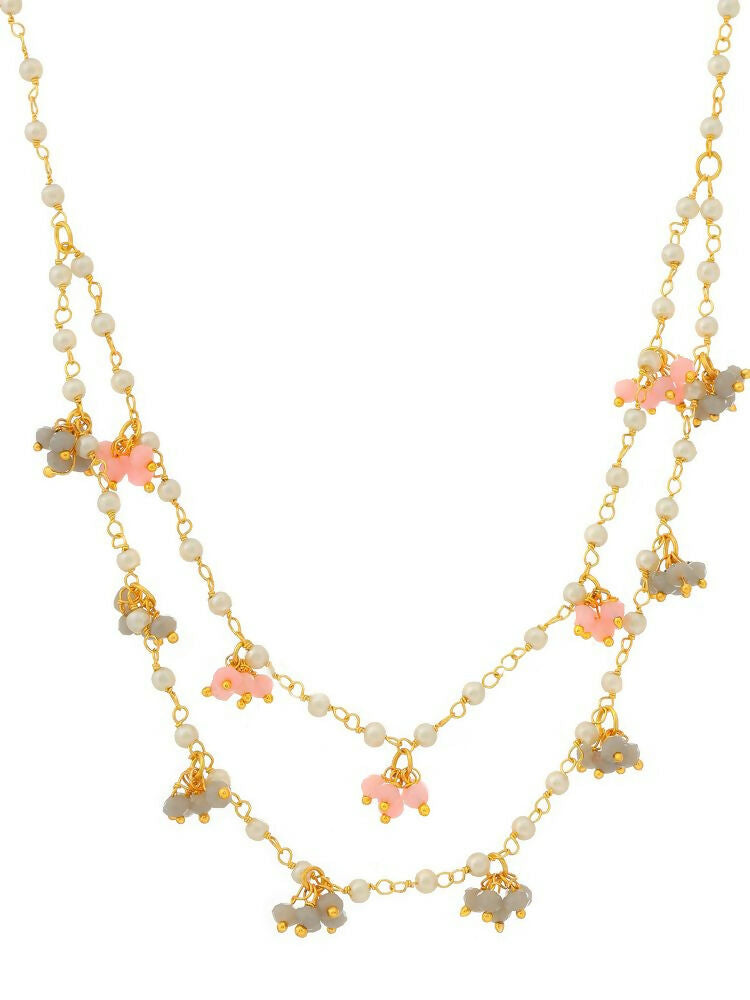 Beaded Pearl Necklace with Grey and Pink Colourful Motifs - Ruby Raang | Grocsy