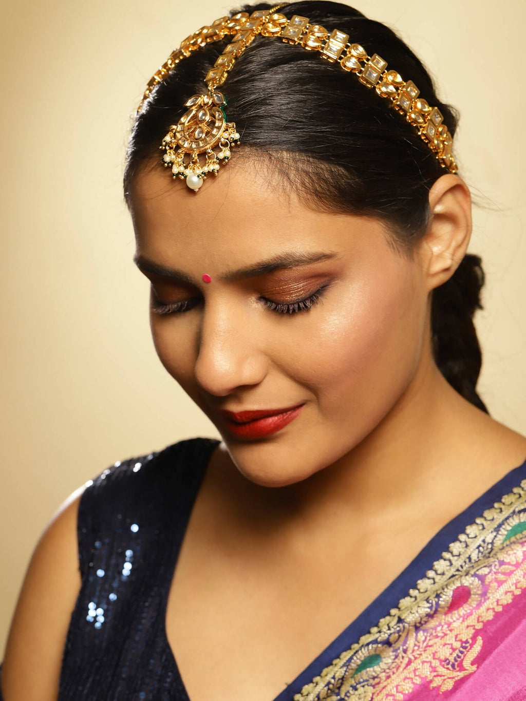 Gold-Polished White Green Kundan-Studded Pearl Beaded Matha Patti - Ruby Raang | Grocsy
