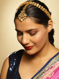Gold-Polished White Green Kundan-Studded Pearl Beaded Matha Patti - Ruby Raang | Grocsy
