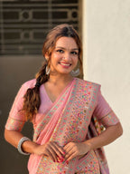 Pink Pashmina Silk Wevon Kashmiri Meenakari Designer Saree with Unstitched Blouse - Vandini | Grocsy