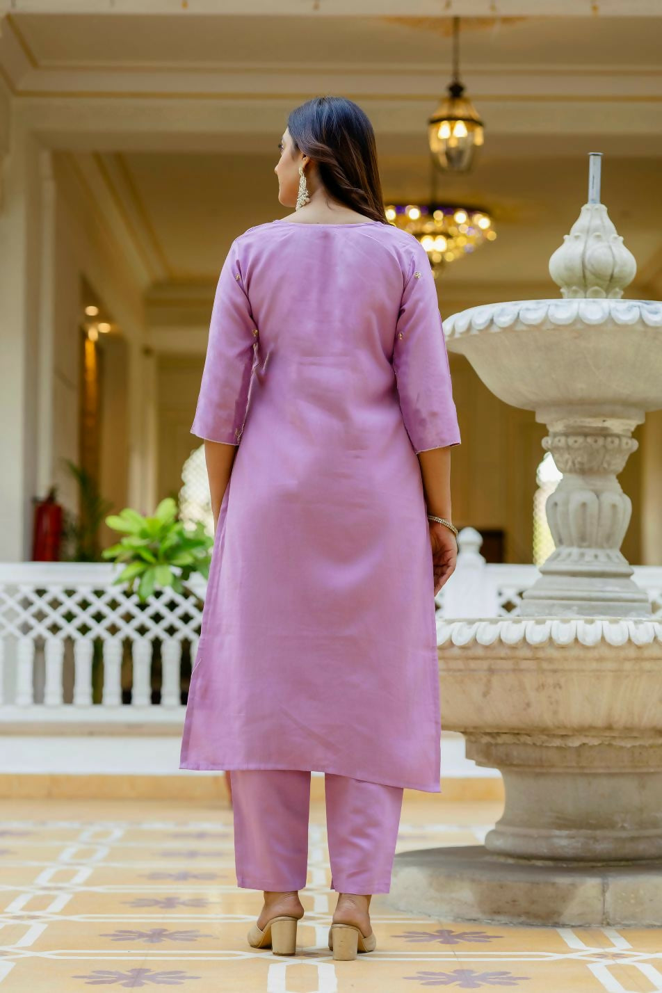 The52 Lavender Women's Gorgeous Embroidered work Viscose Gadhwal Fabric Straight Kurta, Pant and Dupatta Set | Grocsy