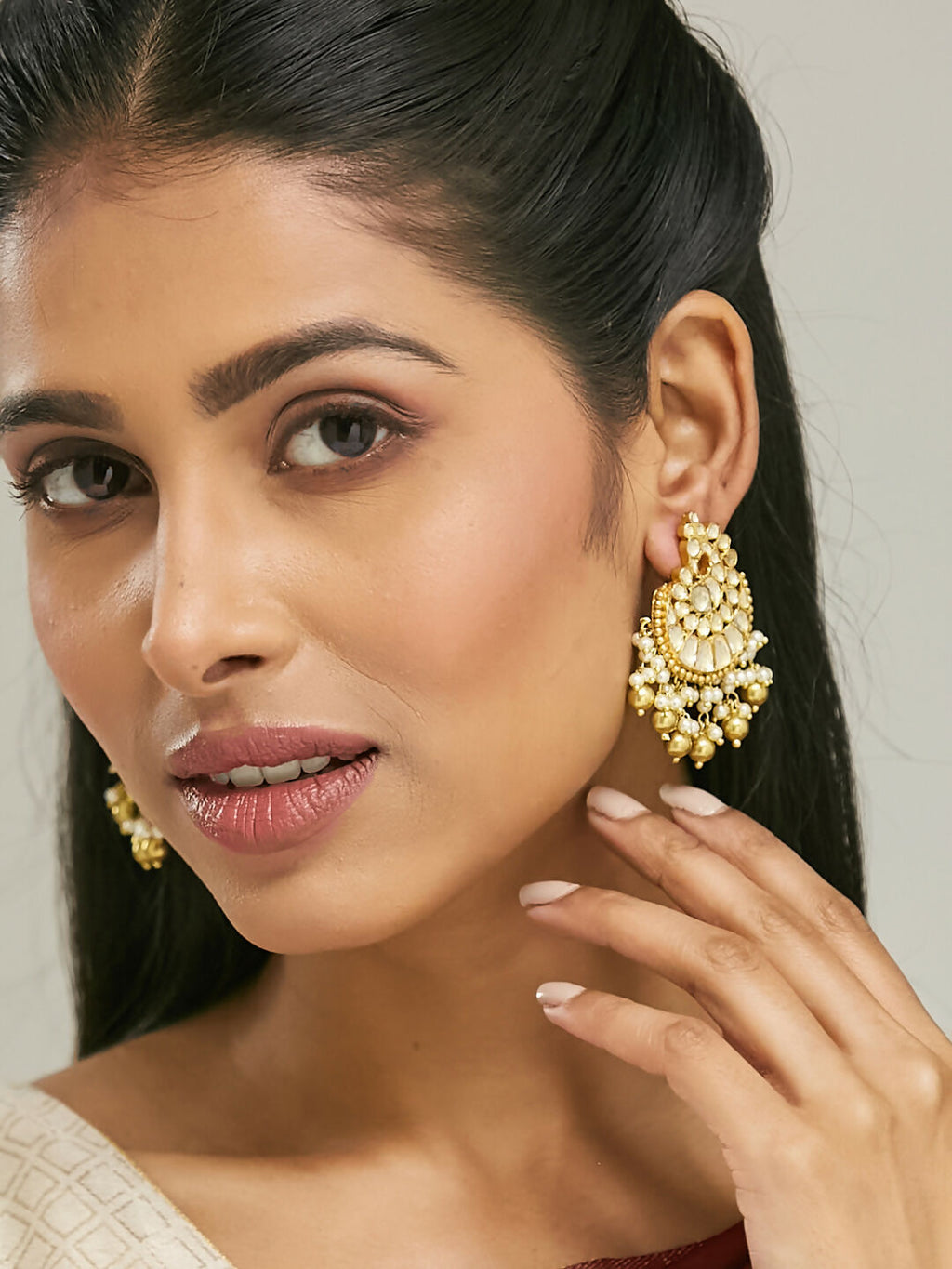 Nuyug 22K Gold-Plated Kundan Stone Studded & Pearl Drop Beaded Crescent Shaped Chandbalis | Grocsy