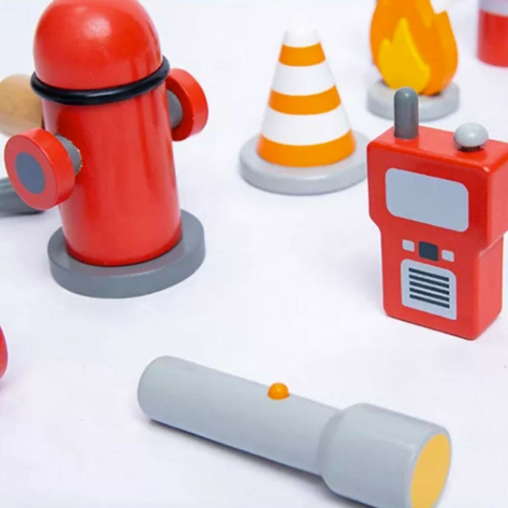 Nesta Toys Wooden Firefighter Pretend Play Toy with Fireman Costume Kit (14 Pcs) | Grocsy