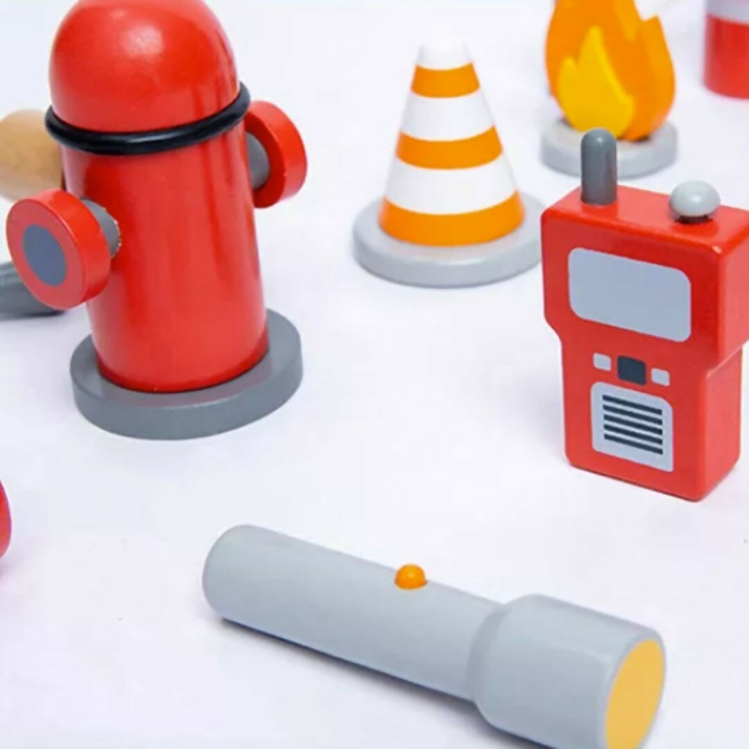 Nesta Toys Wooden Firefighter Pretend Play Toy with Fireman Costume Kit (14 Pcs) | Grocsy