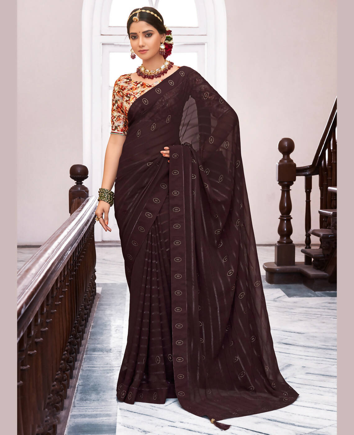 Brown Georgette Swaroski Work Saree With Unstitched Blouse Piece - Juhi | Grocsy