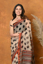 Very Much Indian Handblock Printed Cotton Saree With Natural Dyes - White | Grocsy