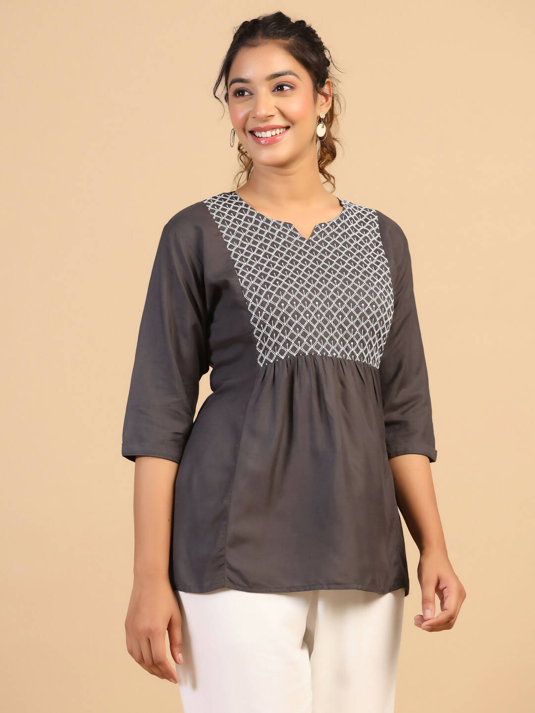 Womens Grey Rayon Yoke Embroidered Top - Keeva | Grocsy