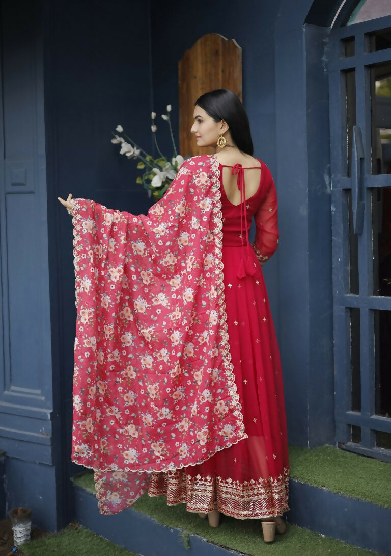 Jyoti Fashion Women's Red Faux Blooming Sequins with Zari Embroidery Anarkali Dress with Dupatta | Grocsy