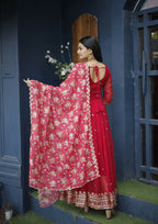 Jyoti Fashion Women's Red Faux Blooming Sequins with Zari Embroidery Anarkali Dress with Dupatta | Grocsy