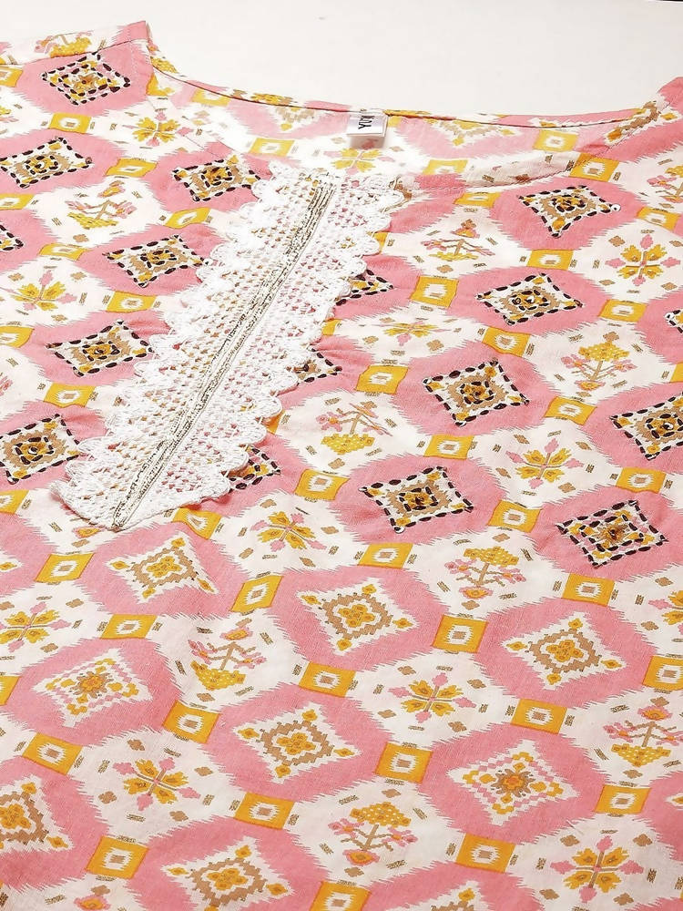 Yufta Women Peach And White Kurta with Trouser Set | Grocsy