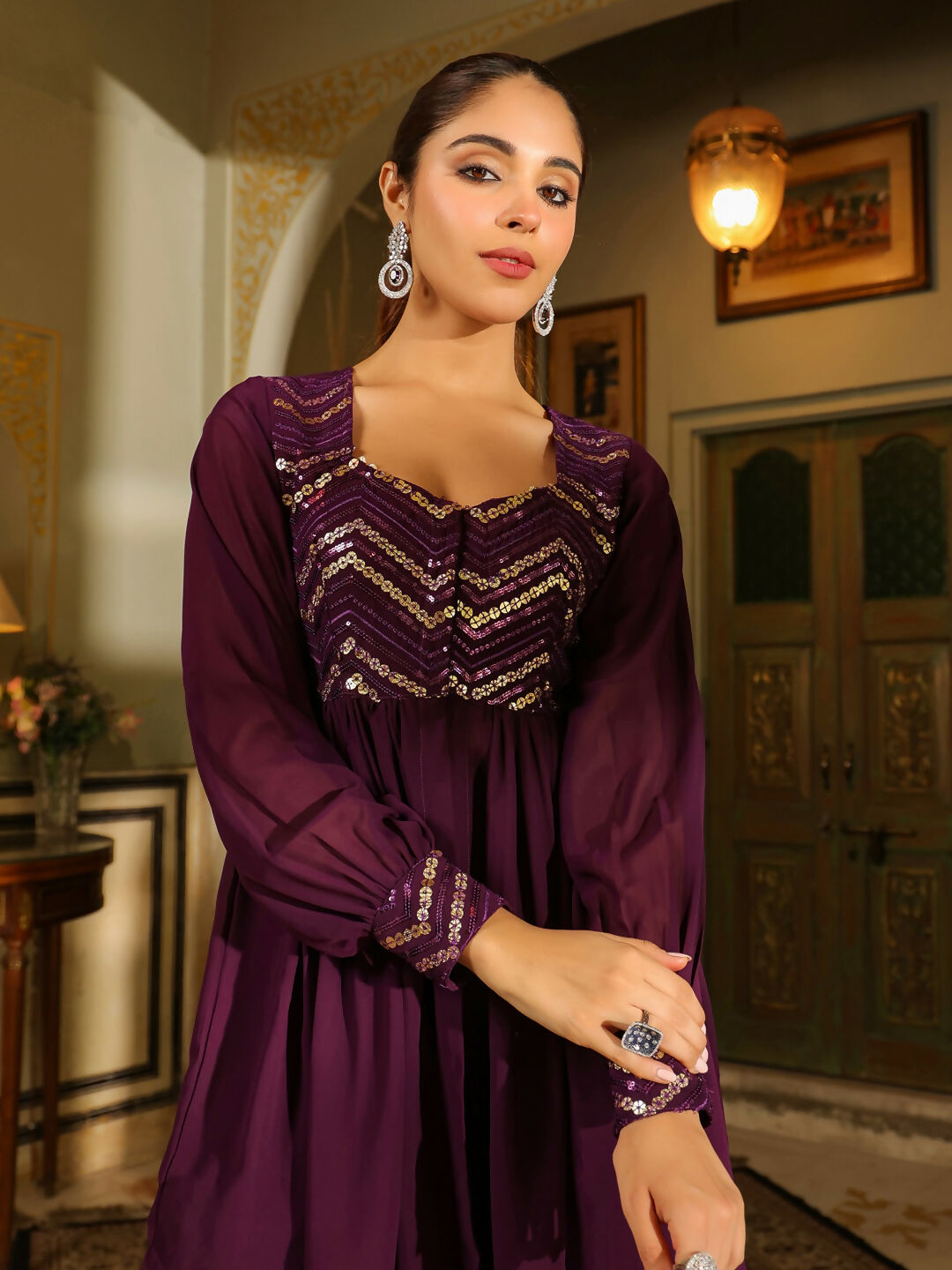 Janasya Purple Georgette Sequined Tunic & Bottom | Grocsy