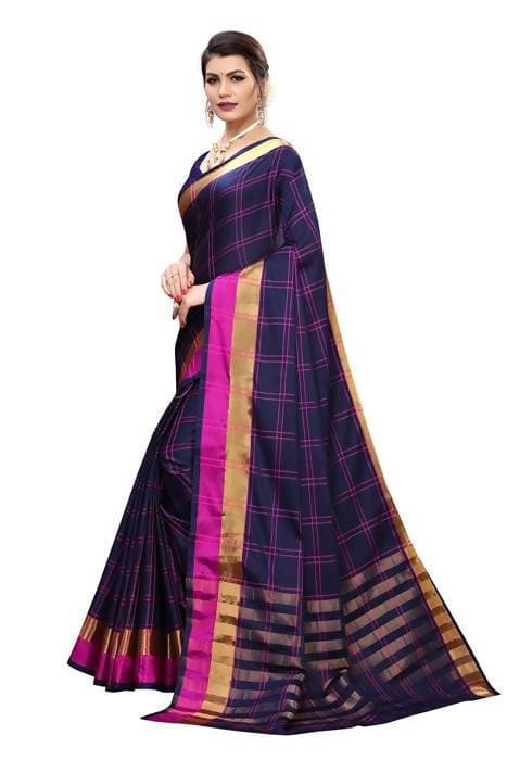 Vamika Navy Cotton Silk Weaving Saree (Rimi Checks Navy) | Grocsy