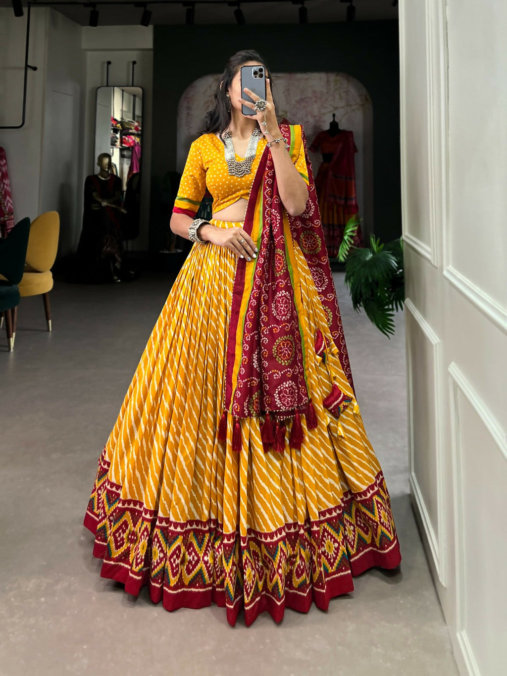 Vastranavya Cultural Leheriya With Patola Print Border Tussar Silk Lehenga Choli - Yellow | Grocsy
