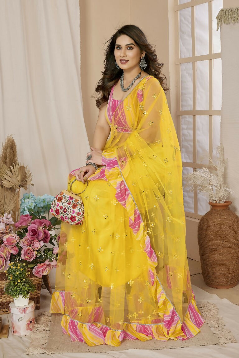 Partywear Designer Yellow Net Fancy Saree - Dyuti | Grocsy