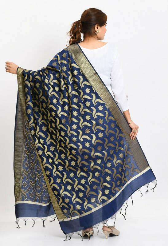 Mominos Fashion Moeza Women's Banarsi Silk Floral Woven Design Navy Blue Dupatta | Grocsy