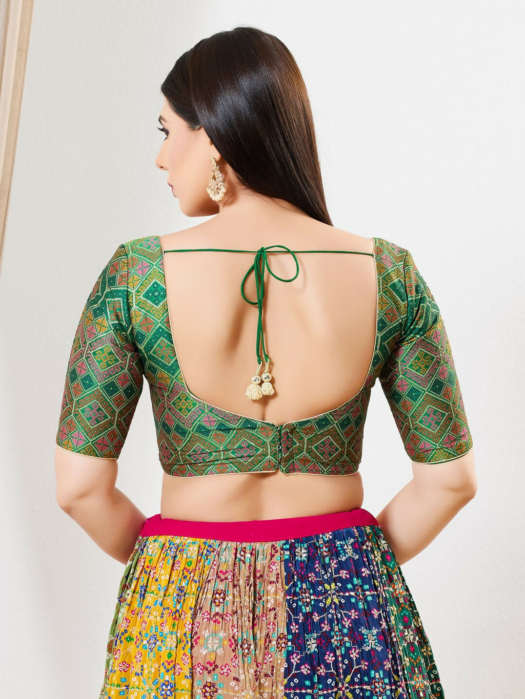 Joban Fashion Green Multi Brocade Padded Blouse With Sweetheart Neck Elbow Sleeves | Grocsy