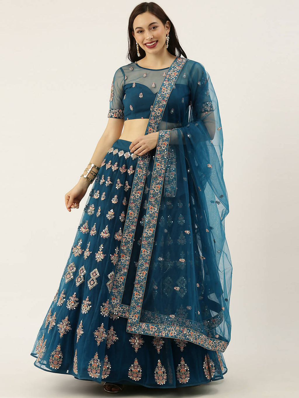 House of Panchhi Teal Net Semi stitched Mirror and Coding Work Lehenga Choli | Grocsy