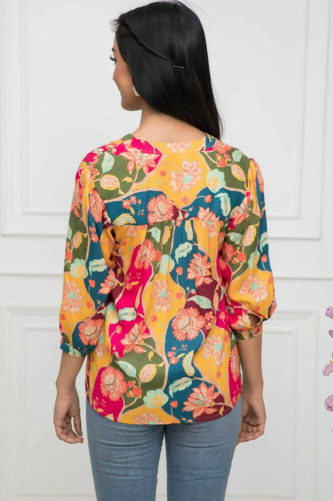 Myshka Women Multi Floral Mandarin Collar Regular Sleeves Viscose Rayon Top | Grocsy