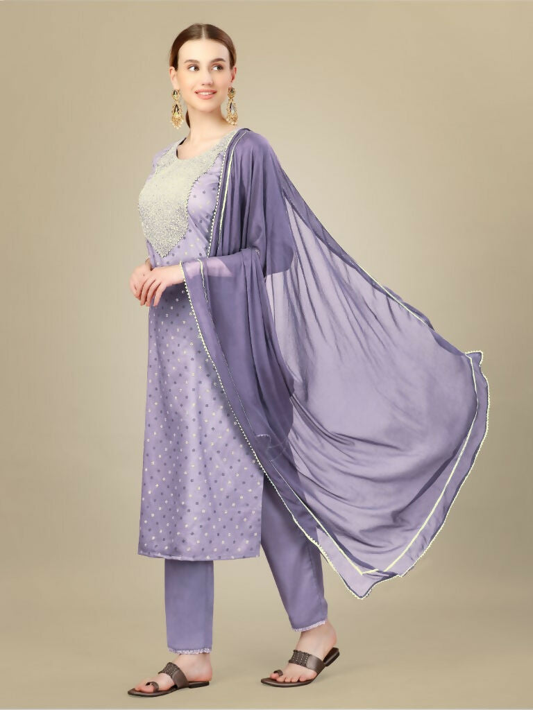 Jyoti Fashion Women's Lavender Silk Blend Embroidery & Sequence work Kurta with Trouser & Dupatta | Grocsy