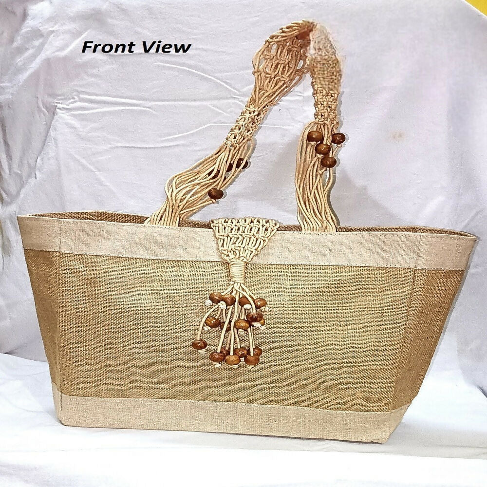 Jute Ladies Fashion Bag with Wooden Beads | Grocsy