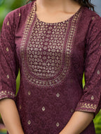 Juniper Women's Wine Ethnic Motif Printed Muslin Kurta Set With Zari Work & Gota Patti | Grocsy