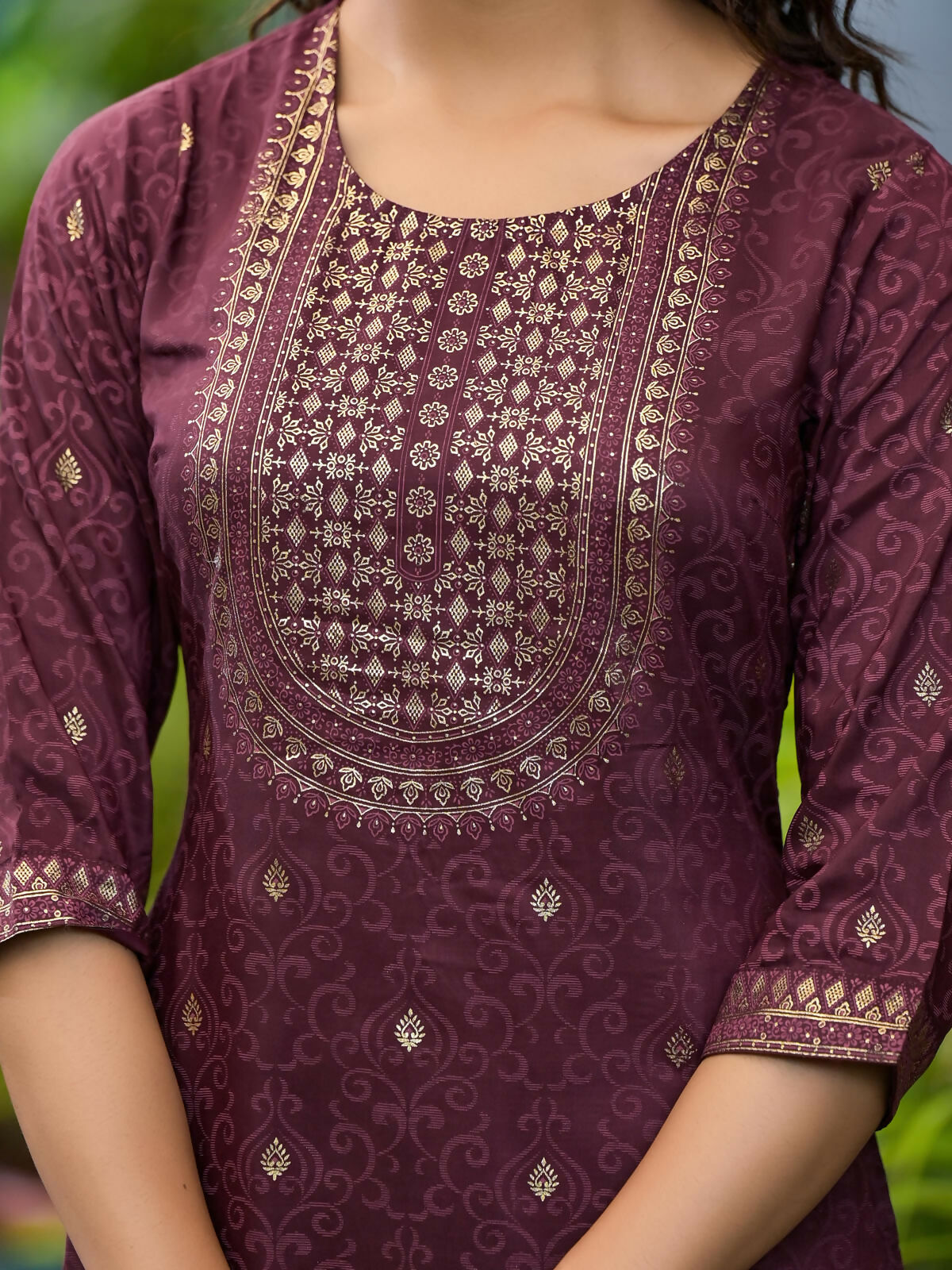 Juniper Women's Wine Ethnic Motif Printed Muslin Kurta Set With Zari Work & Gota Patti | Grocsy
