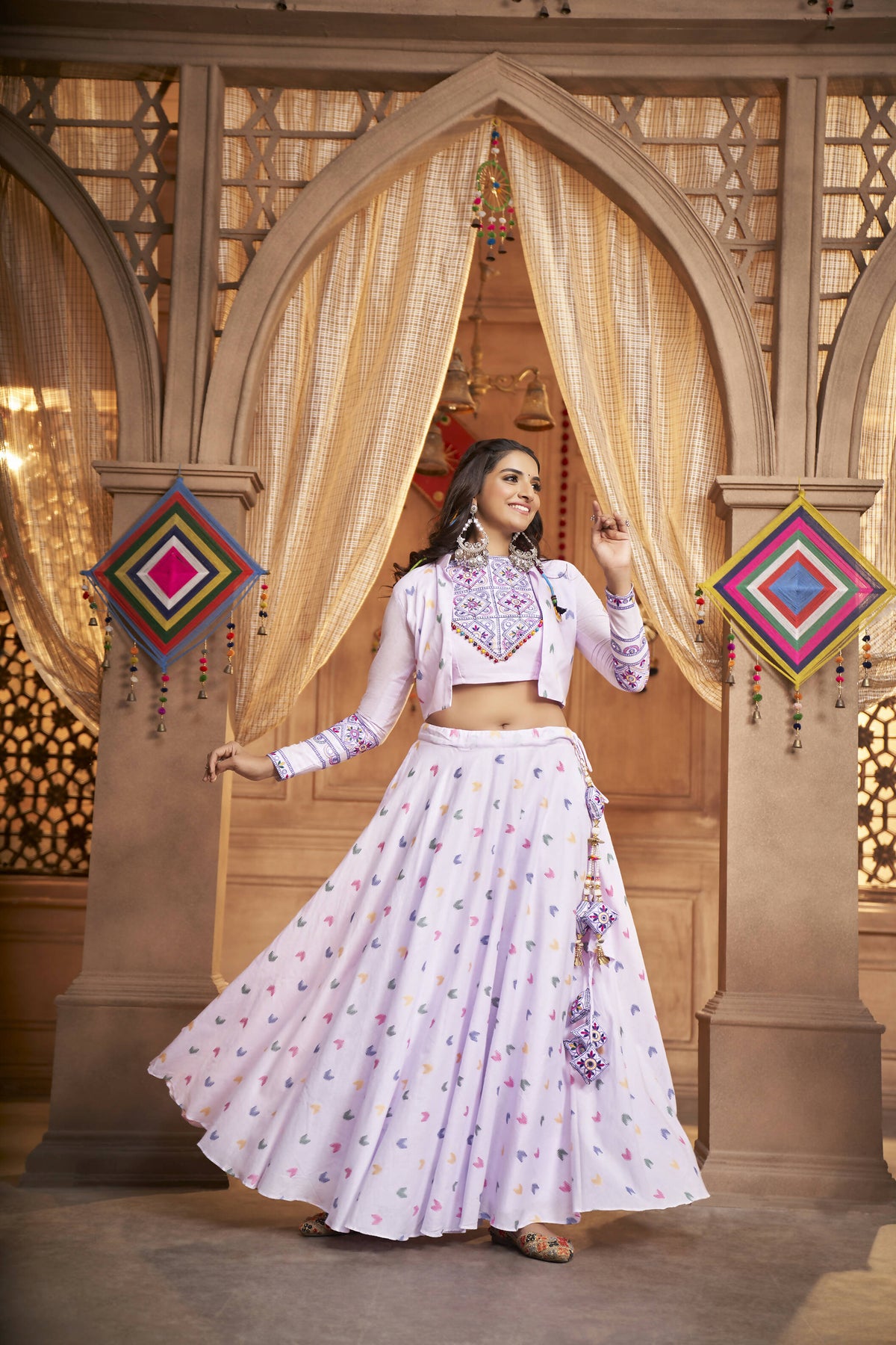 Lavender Cotton Jacquard Weaving Fabric Navratri Lehenga Choli With Dupatta - Raas | Grocsy