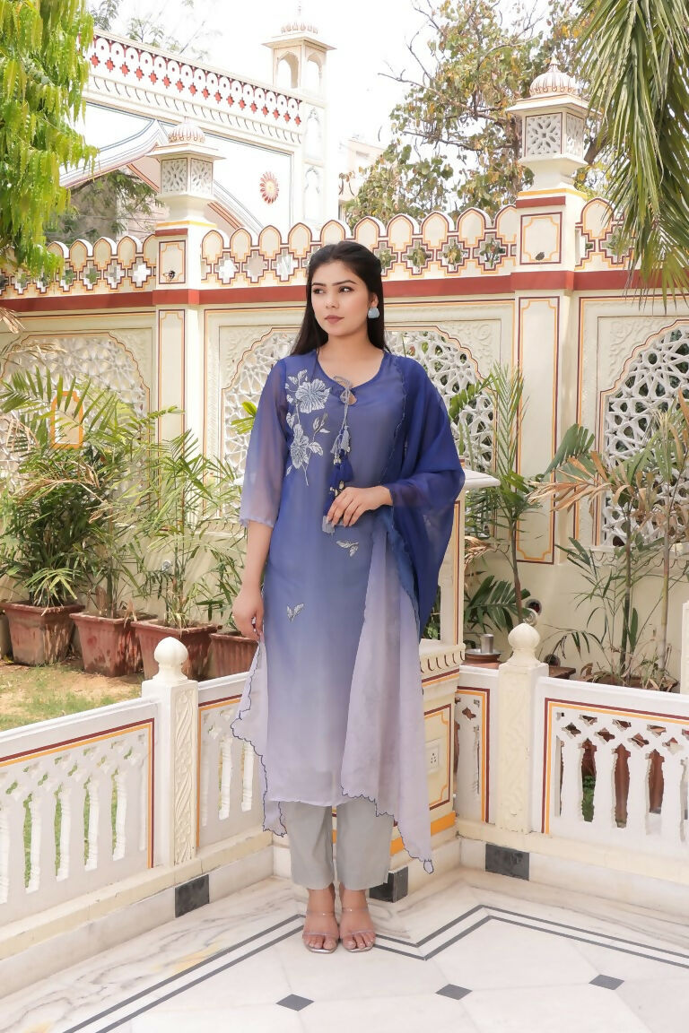 Vaasva Women Blue Tabby Slik Print & Embroidered Kurta, Pant & Dupatta Set | Grocsy