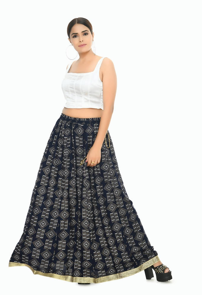 Mominos Fashion Moeza Cotton Navy Blue Printed Lehenga (Lancha) | Grocsy
