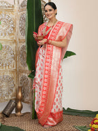 Shree Shyam Fashion Linen Cotton Red & White Saree | Grocsy