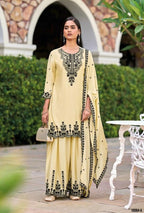 Anaita Beige Chinon Readymade Palazzo Suit with Heavy Embroidery Work | Grocsy