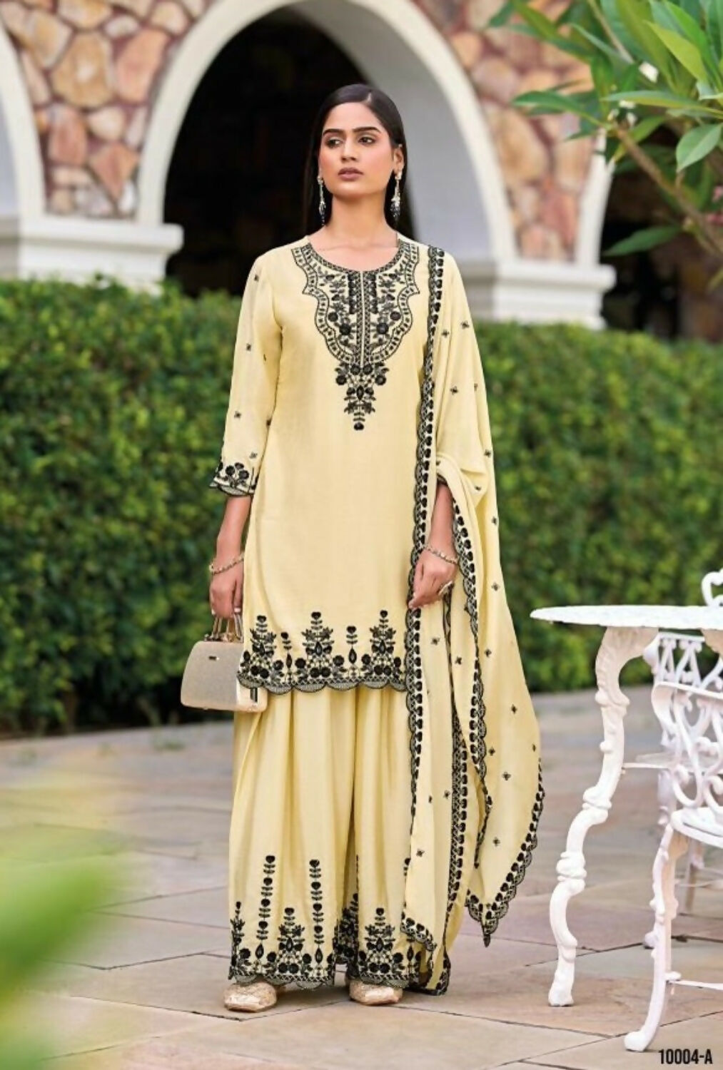 Anaita Beige Chinon Readymade Palazzo Suit with Heavy Embroidery Work | Grocsy