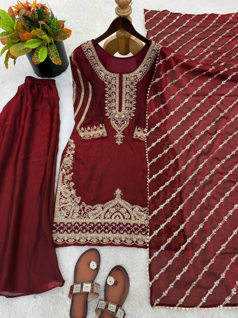 Teeya Creation Womens New Trendy Stylish Fancy Embroidery Beads Work Kurta Sharara Set For Wedding Wear - Red | Grocsy