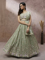 House of Panchhi Lime Green Pure Georgette Sequins with heavy Zarkan embroidery Lehenga choli & Dupatta | Grocsy