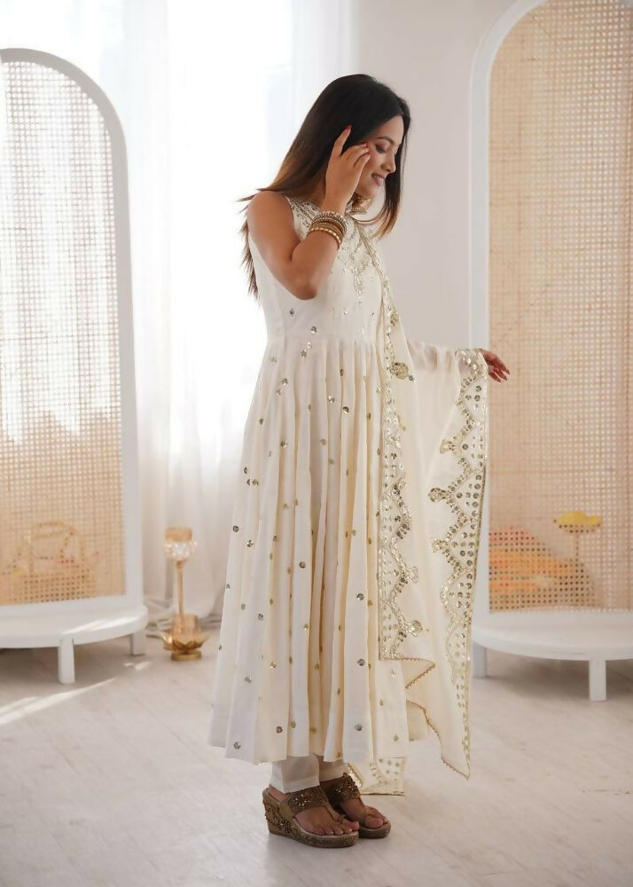 Teeya Creation White Color Roman Silk Embroidery Work Party Wear Gown | Grocsy