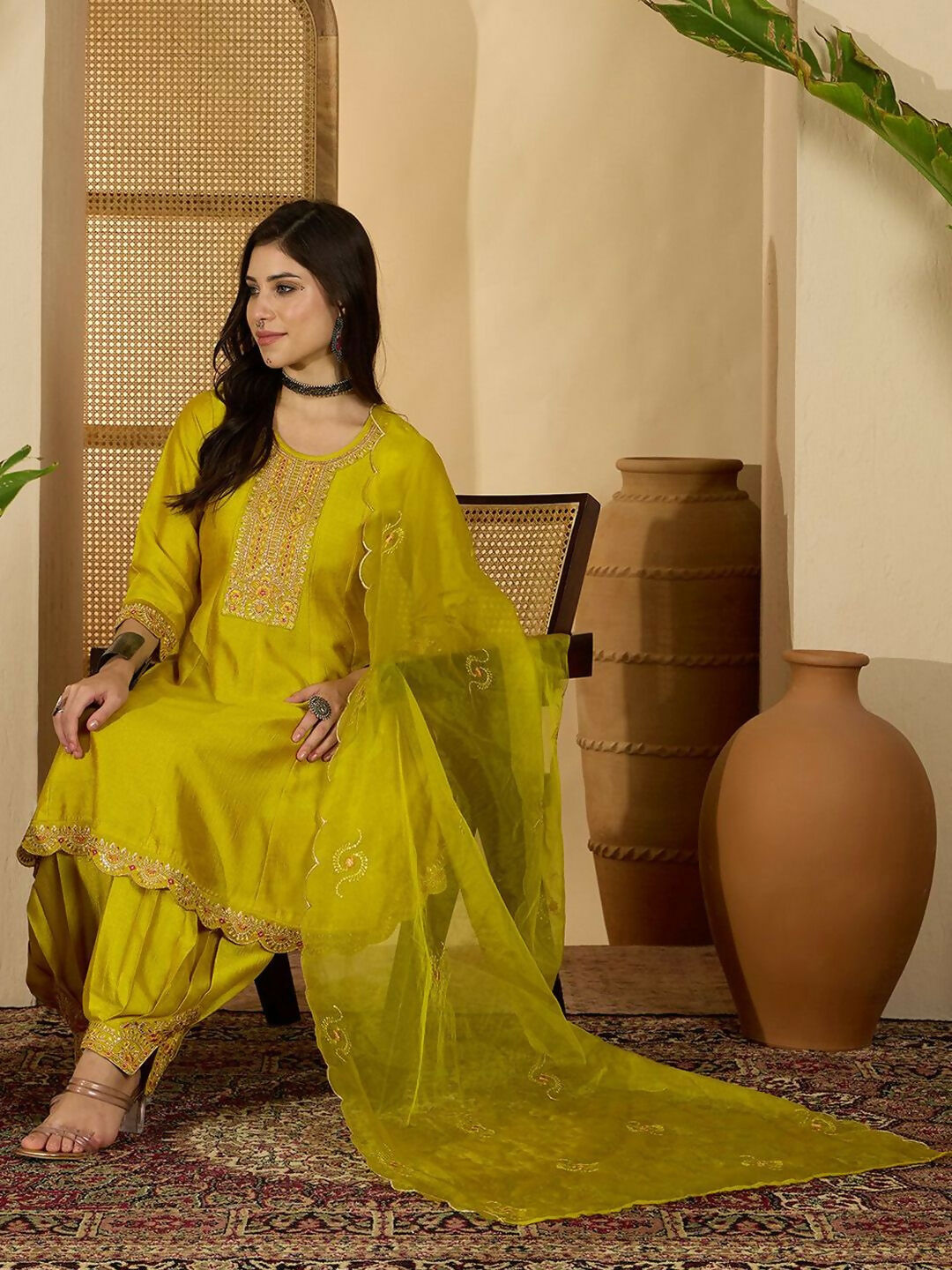 The52 Women's Beautiful Embroidery Work Vichitra Fabric A-line Kurta Pant and Dupatta Set-Yellow | Grocsy
