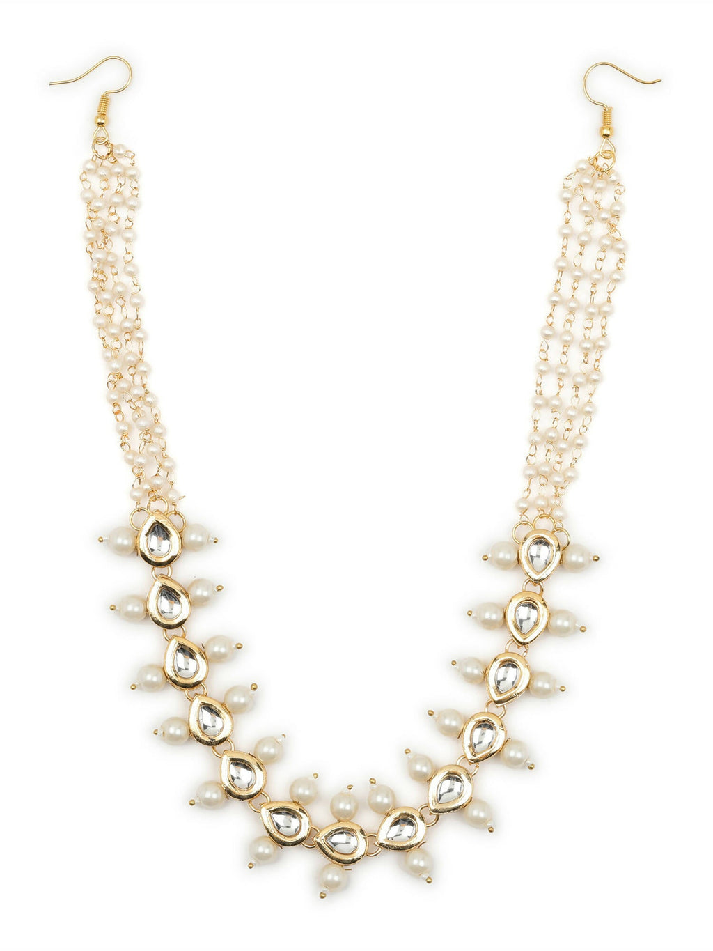 Gold-Polished White Kundan-Studded Pearl Beaded Hair Band - Ruby Raang | Grocsy