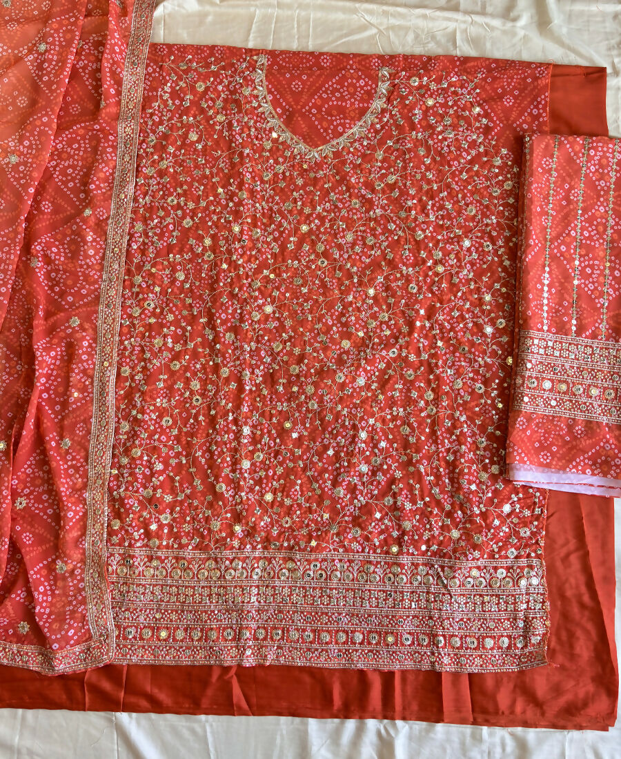 KC Orange Bandhani Printed Heavy Emrboidery Worked Sharara Suit Ethnic Wear | Grocsy