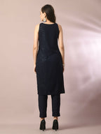 Myshka Women's Navy Blue Embroidered Cotton Straight Party Kurta Set | Grocsy