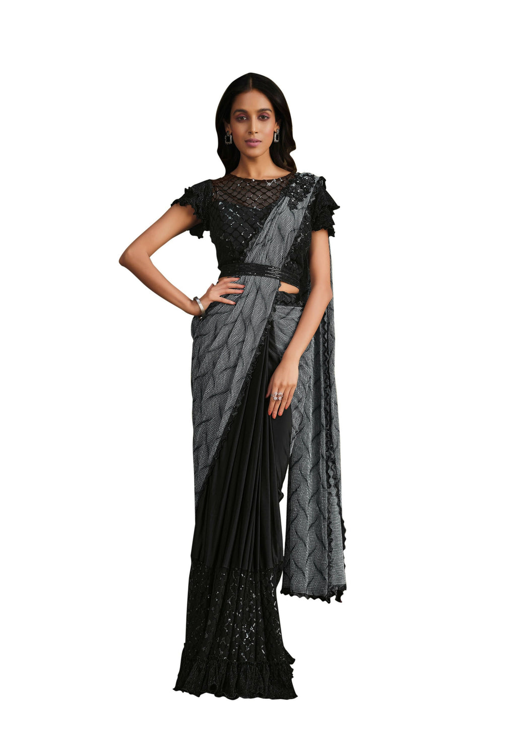 Grey & Black Crystal Crepe Sequence Embroidered Withtexture Saree With Stitched Blouse - Mohmanthan La Belle | Grocsy