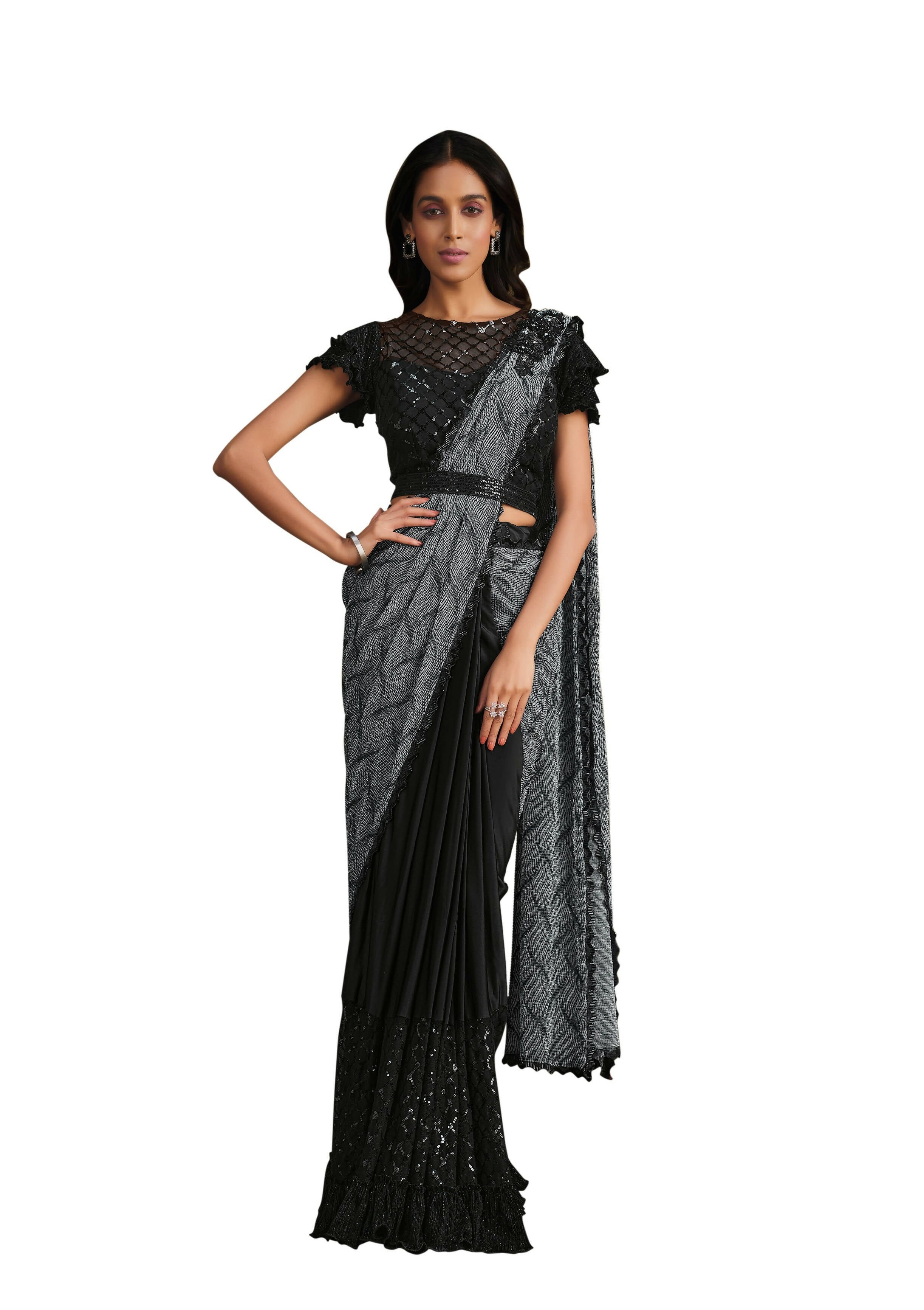 Grey & Black Crystal Crepe Sequence Embroidered Withtexture Saree With Stitched Blouse - Mohmanthan La Belle | Grocsy