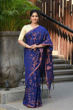 Beatitude Blue Cotton Floral Jamdani Saree | Grocsy