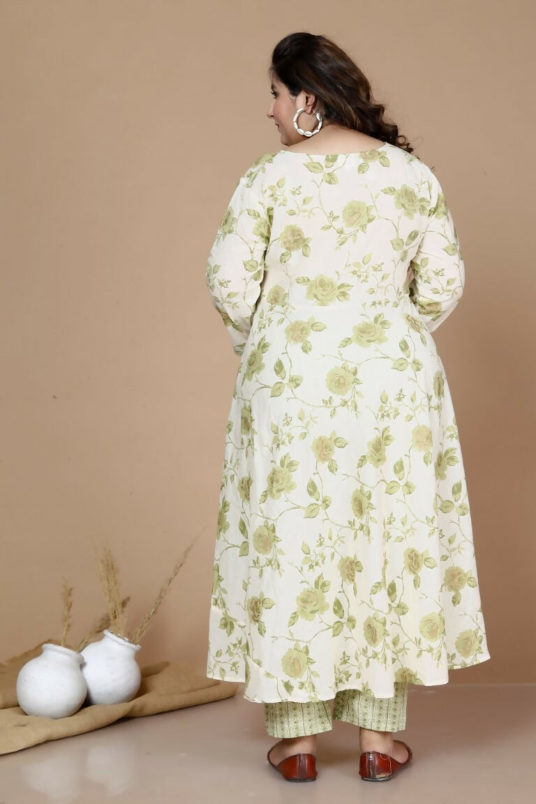 Miravan Women's Plus Size Green Printed Pure Cotton Kurta With Palazzo | Grocsy