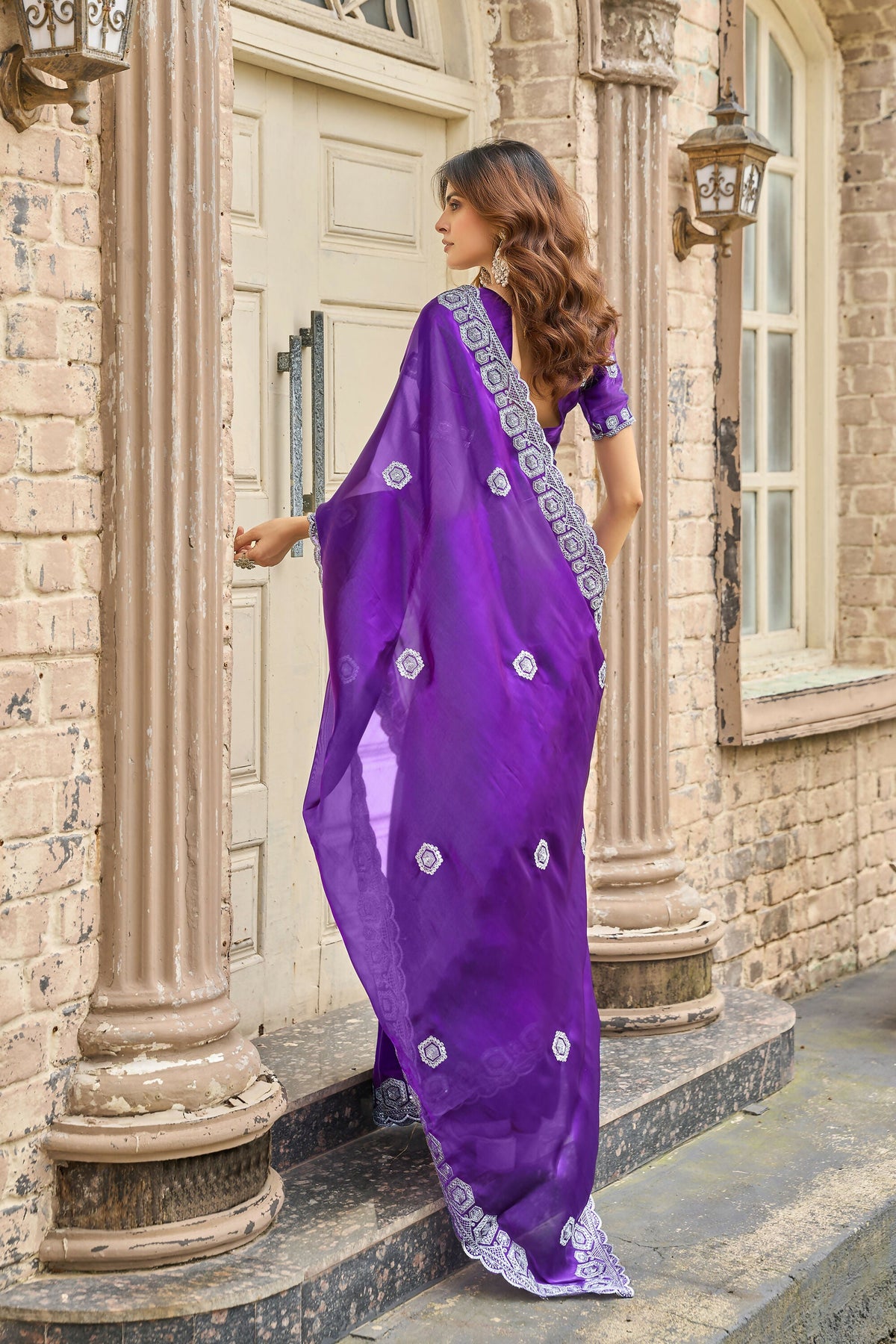 Vastranavya Purple-Blue Embroidery Work Shimmer Chiffon Saree with Unstitched Blouse | Grocsy